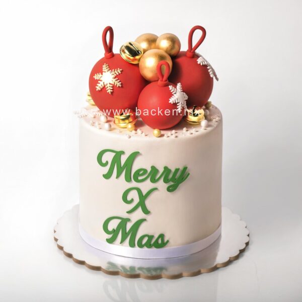 Pastel con Esferas Navideñas. Celebra la navidad con un increíble pastel de fondant personalizado con temática navideña y los colores de la temporada.